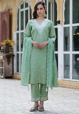 Pista Green Embroidered Chanderi Salwar Kameez With Dupatta