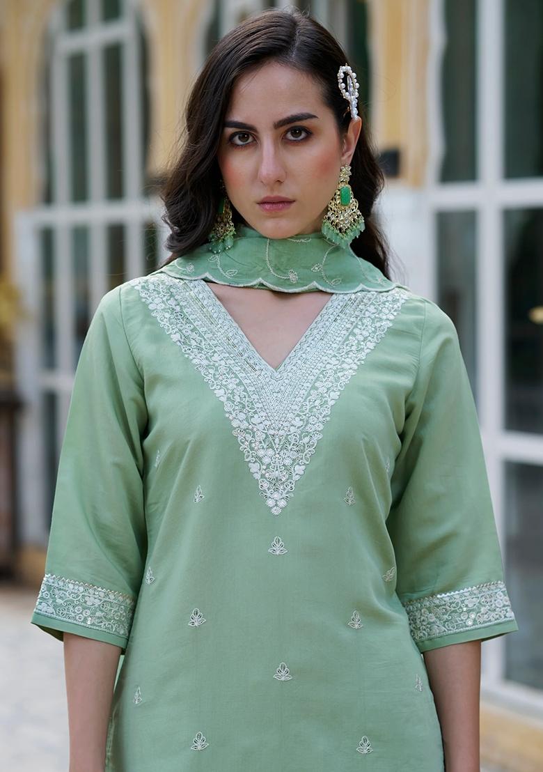 Pista Green Embroidered Chanderi Salwar Kameez With Dupatta