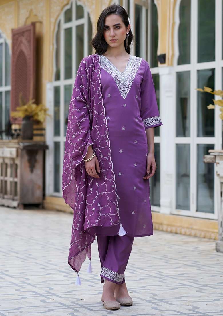 Purple Embroidered Chanderi Straight Kurta Set - Indya