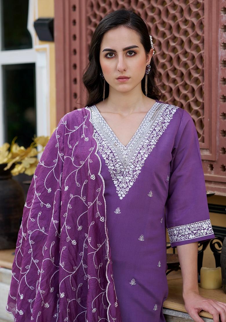 Purple Embroidered Chanderi Salwar Kameez With Dupatta