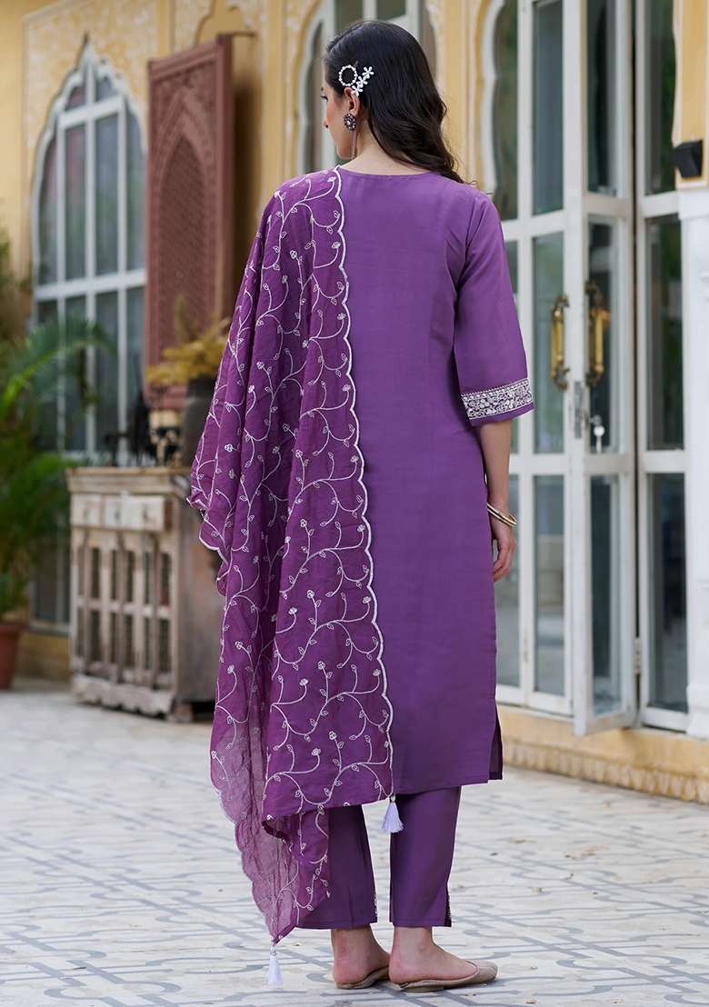 Purple Embroidered Chanderi Straight Kurta Set - Indya