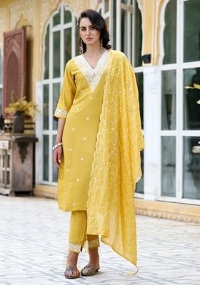 Yellow Embroidered Chanderi Salwar Kameez With Dupatta