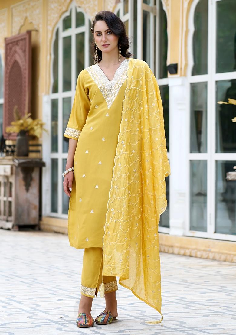 Yellow Embroidered Chanderi Salwar Kameez With Dupatta