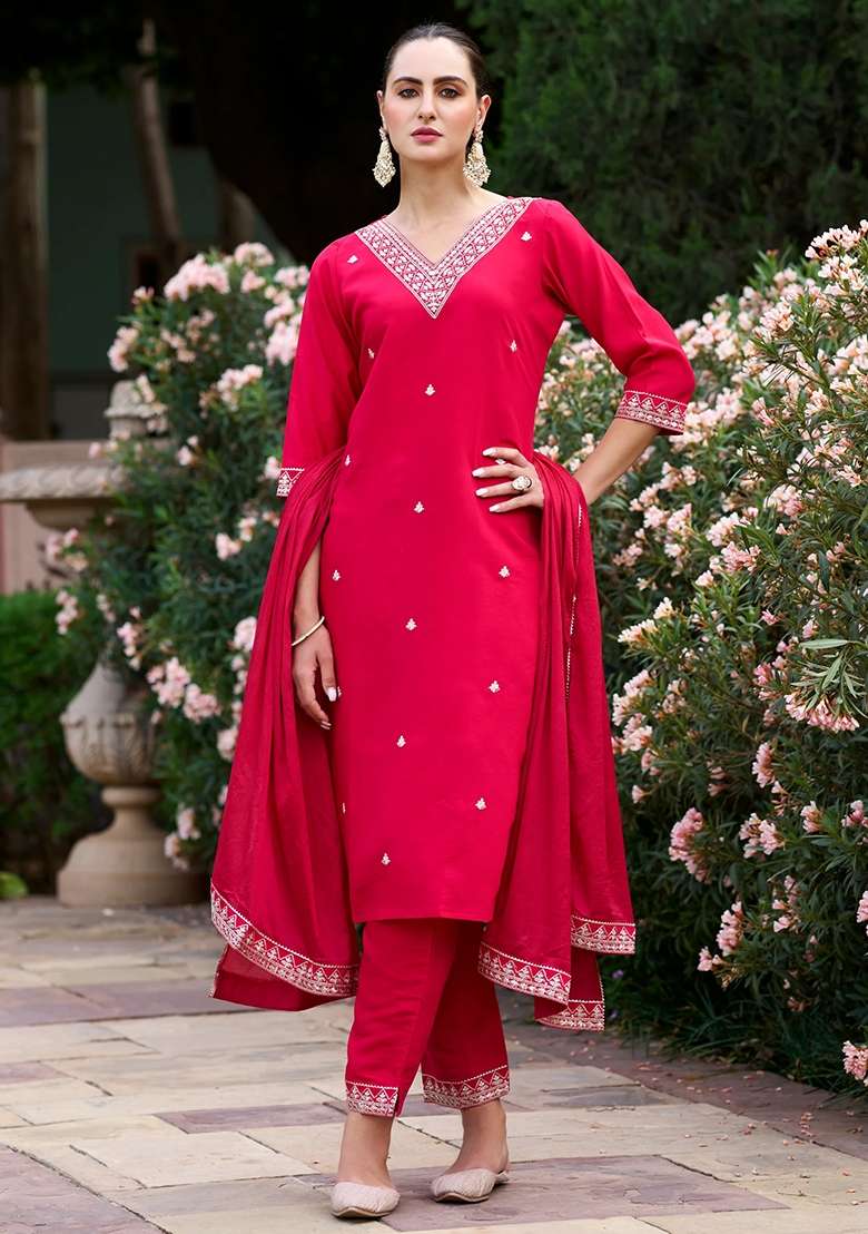 Pink Embroidered Chanderi Straight Kurta Set - Indya