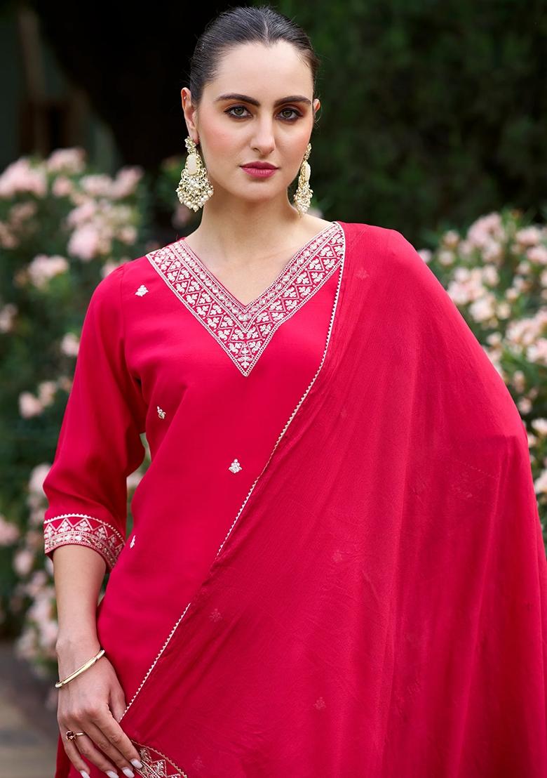Pink Embroidered Chanderi Salwar Kameez With Dupatta