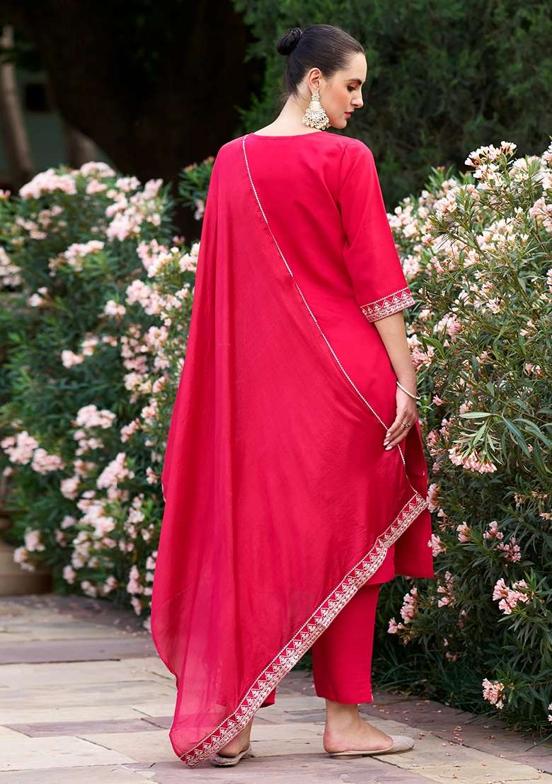Pink Embroidered Chanderi Straight Kurta Set - Indya