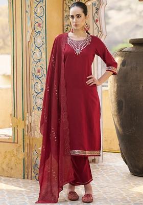 Maroon Embroidered Chanderi Salwar Kameez With Dupatta