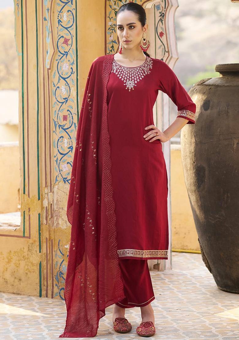 Maroon Embroidered Chanderi Salwar Kameez With Dupatta