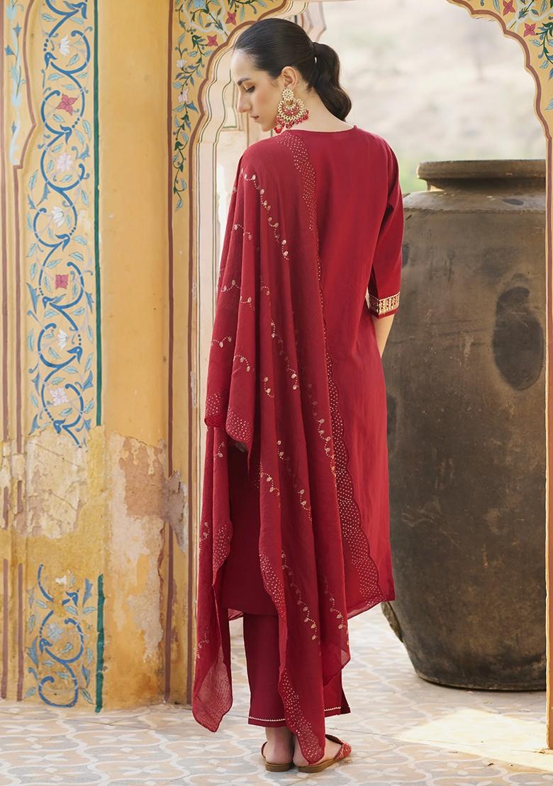 Maroon Embroidered Chanderi Salwar Kameez With Dupatta