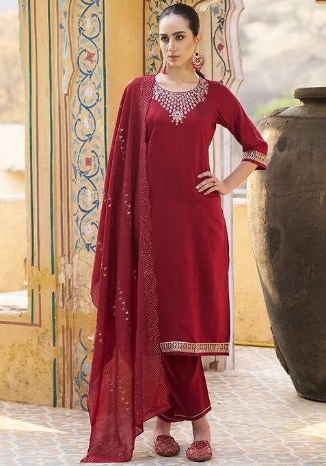 Maroon Embroidered Chanderi Punjabi Suit