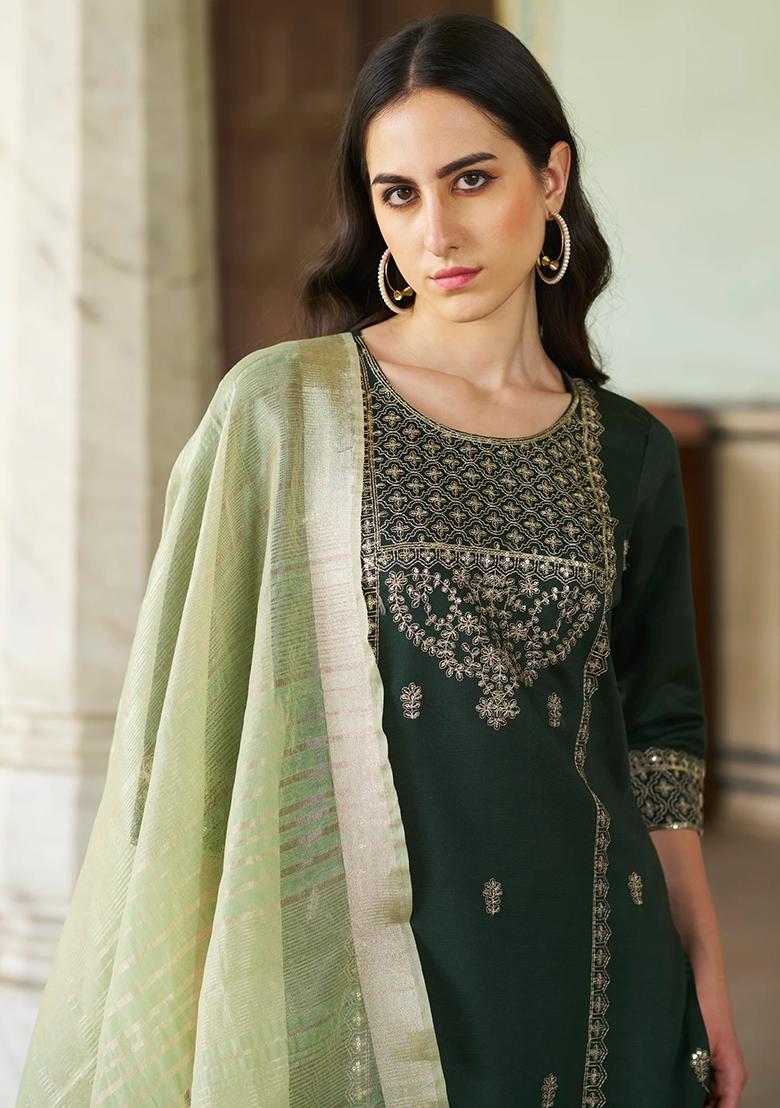 Green Embroidered Chanderi Salwar Kameez With Dupatta