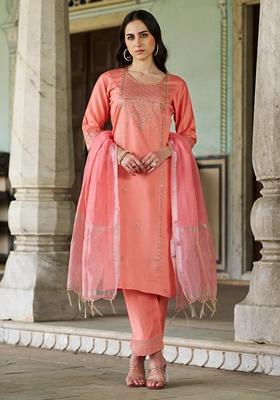 Peach Embroidered Chanderi Salwar Kameez With Dupatta