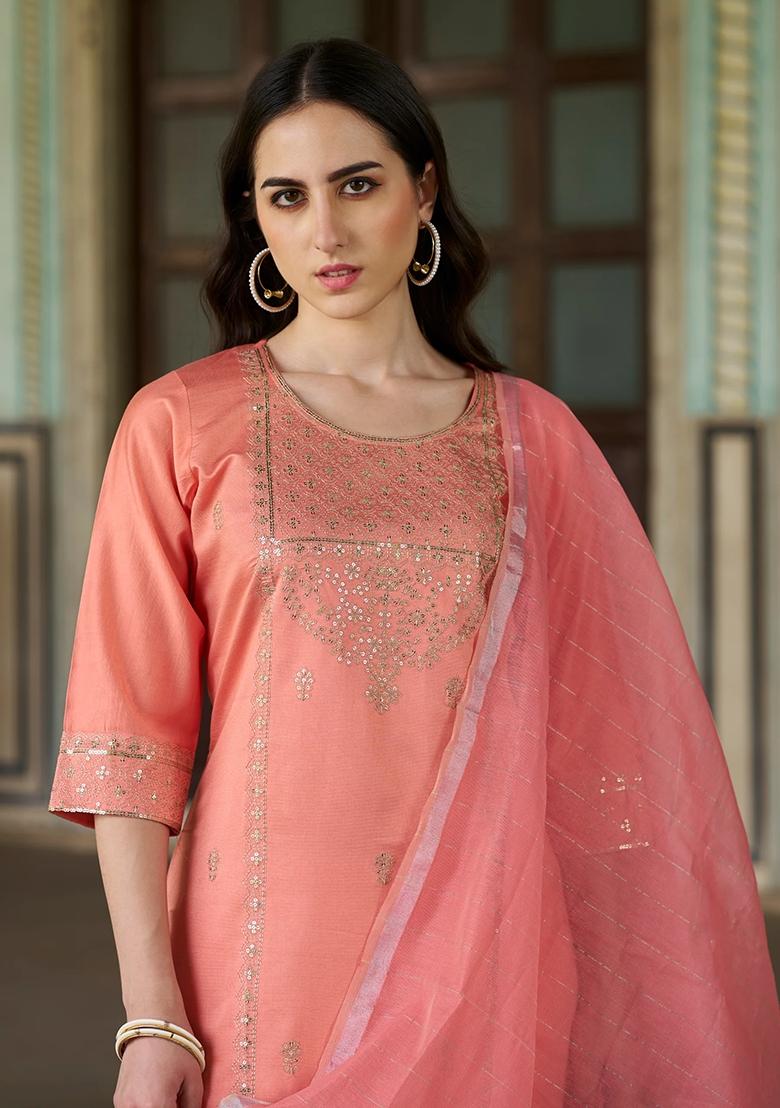 Peach Embroidered Chanderi Salwar Kameez With Dupatta