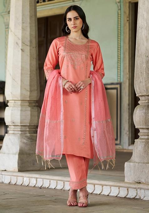 Peach Embroidered Chanderi Salwar Kameez With Dupatta