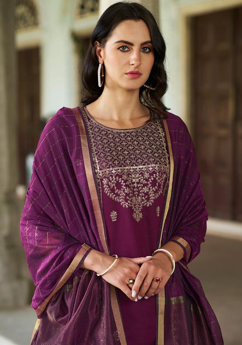 Purple Embroidered Chanderi Salwar Kameez With Dupatta