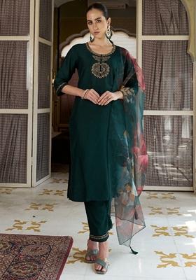 Green Embroidered Pure Cotton Salwar Kameez With Dupatta