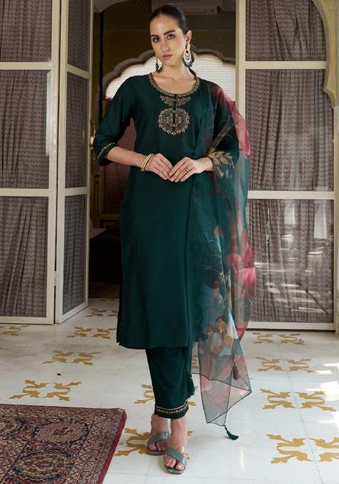 Green Embroidered Cotton Straight Kurta Set