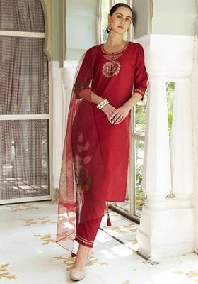 Maroon Embroidered Pure Cotton Salwar Kameez With Dupatta