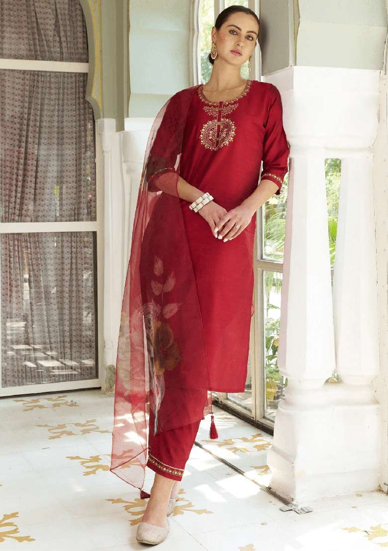 Maroon Embroidered Cotton Straight Kurta Set - Indya