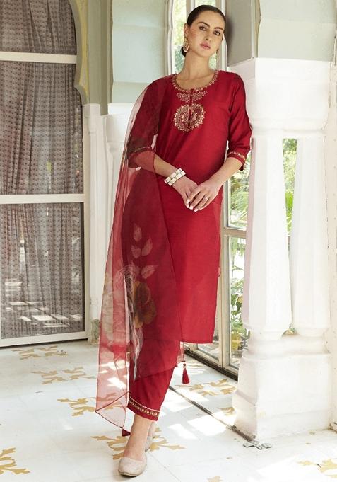 Maroon Embroidered Pure Cotton Salwar Kameez With Dupatta