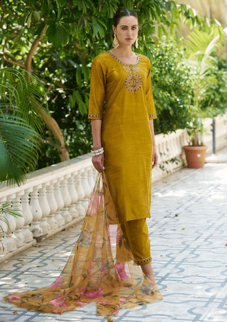 Mustard Yellow Embroidered Cotton Straight Kurta Set - Indya
