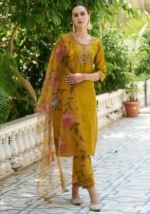 Mustard Yellow Embroidered Cotton Straight Kurta Set