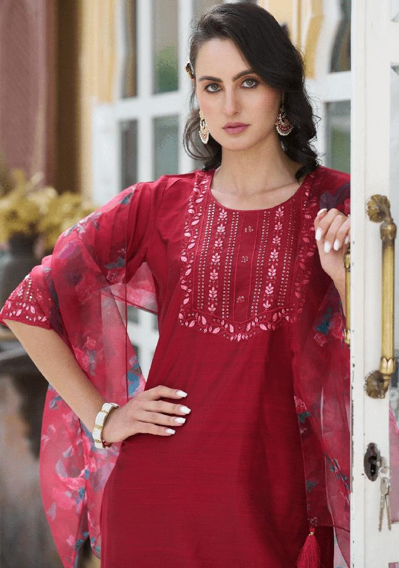 Cherry Red Embroidered Pure Cotton Salwar Kameez With Dupatta