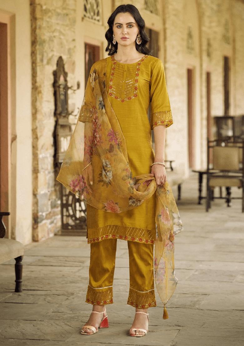 Mustard Yellow Embroidered Pure Cotton Salwar Kameez With Dupatta