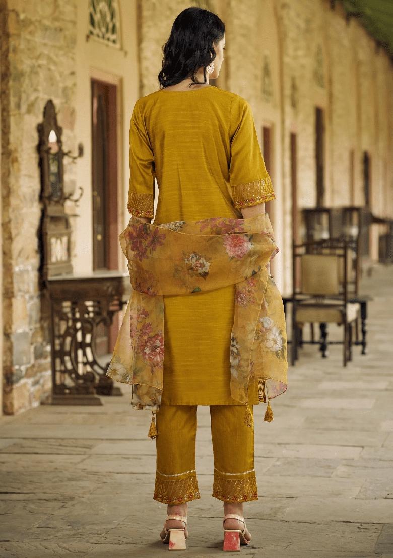 Mustard Yellow Embroidered Pure Cotton Salwar Kameez With Dupatta