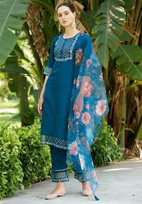 Teal Blue Embroidered Pure Cotton Salwar Kameez With Dupatta
