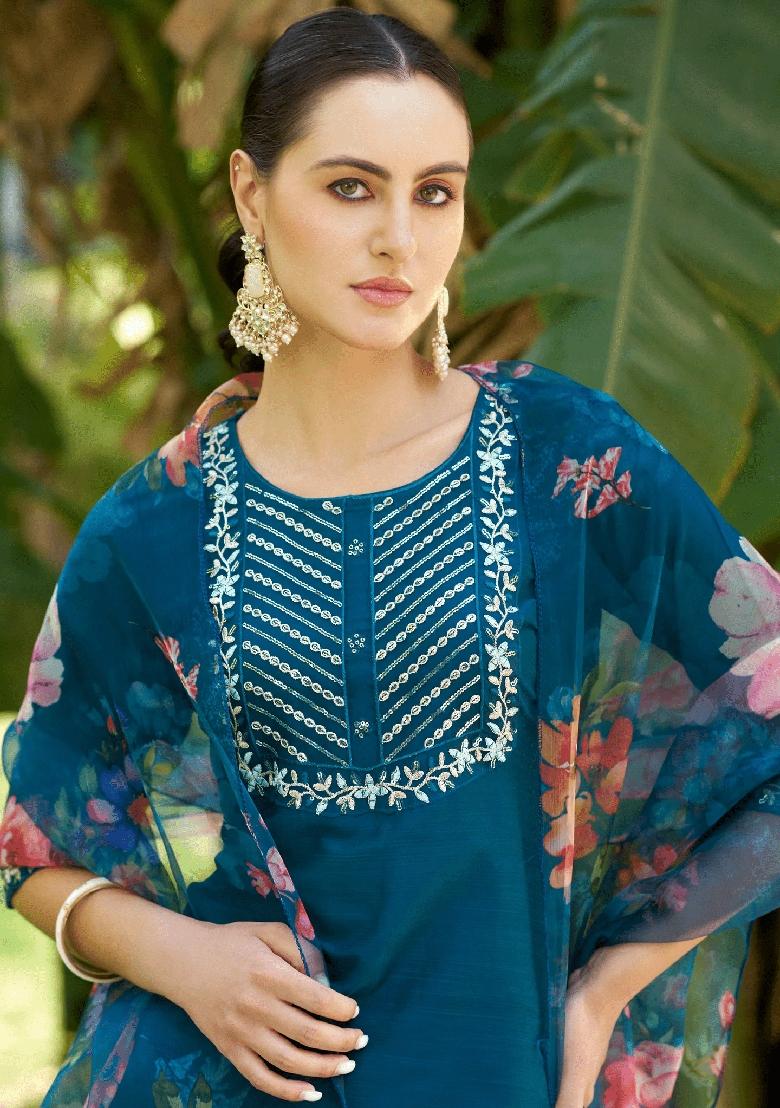 Teal Blue Embroidered Pure Cotton Salwar Kameez With Dupatta