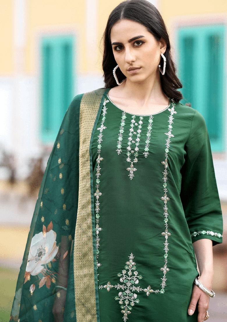 Green Embroidered Silk Salwar Kameez With Dupatta