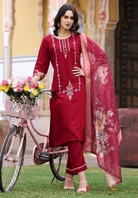 Maroon Embroidered Silk Salwar Kameez With Dupatta