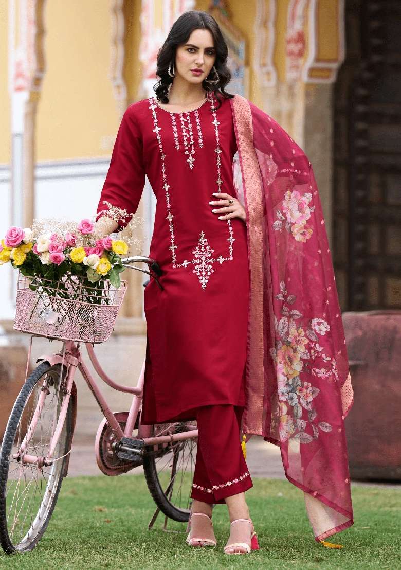 Maroon Embroidered Silk Blend Straight Kurta Set - Indya