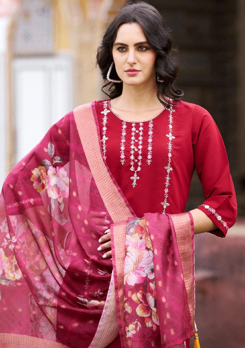 Maroon Embroidered Silk Salwar Kameez With Dupatta