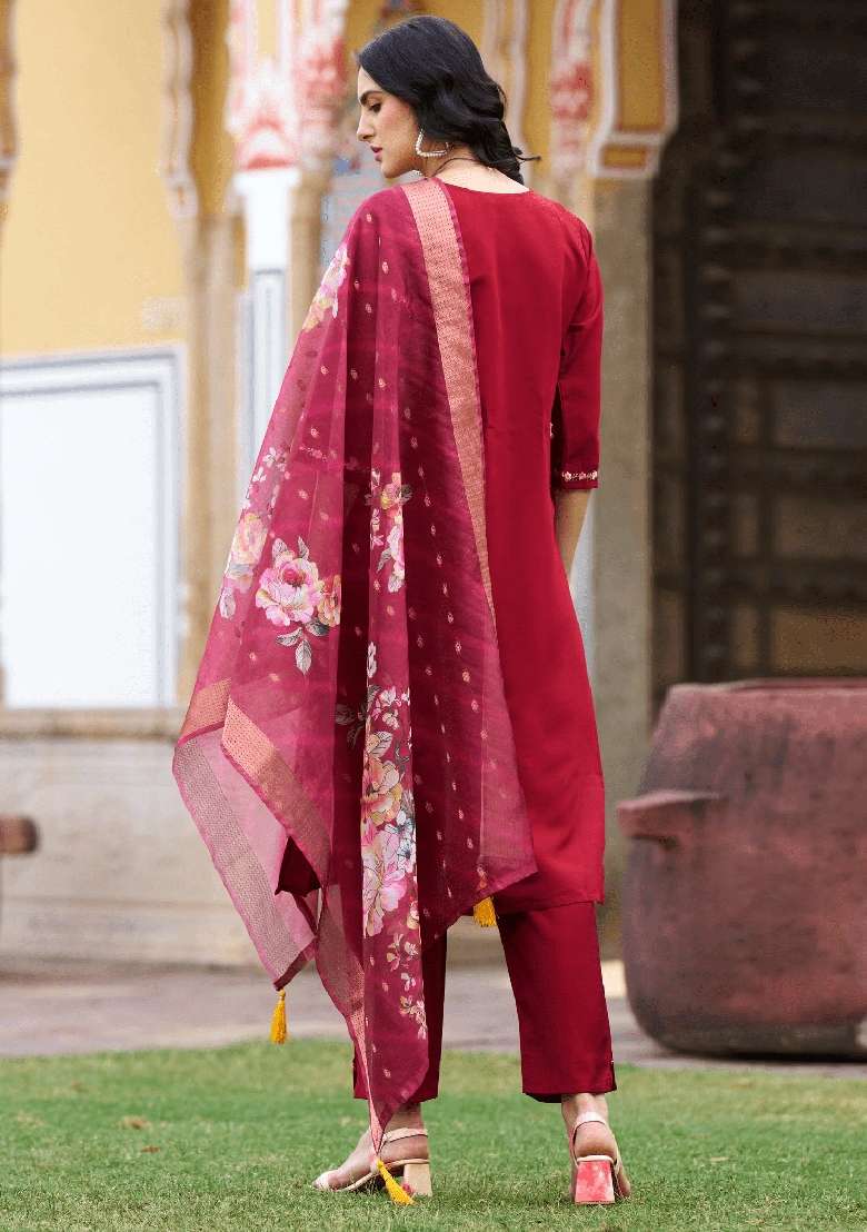 Maroon Embroidered Silk Blend Straight Kurta Set - Indya