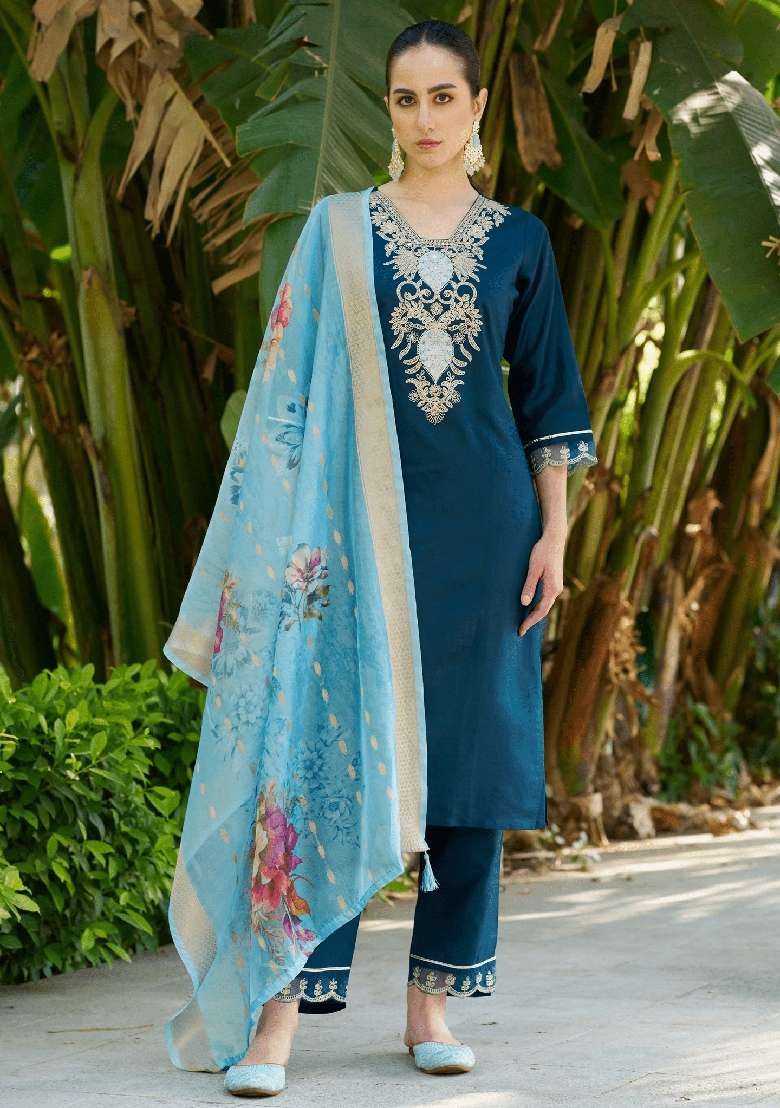 Blue Embroidered Viscose Straight Kurta Set - Indya