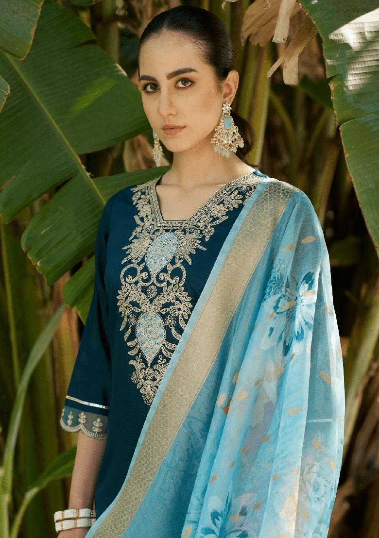 Blue Embroidered Viscose Rayon Salwar Kameez With Dupatta
