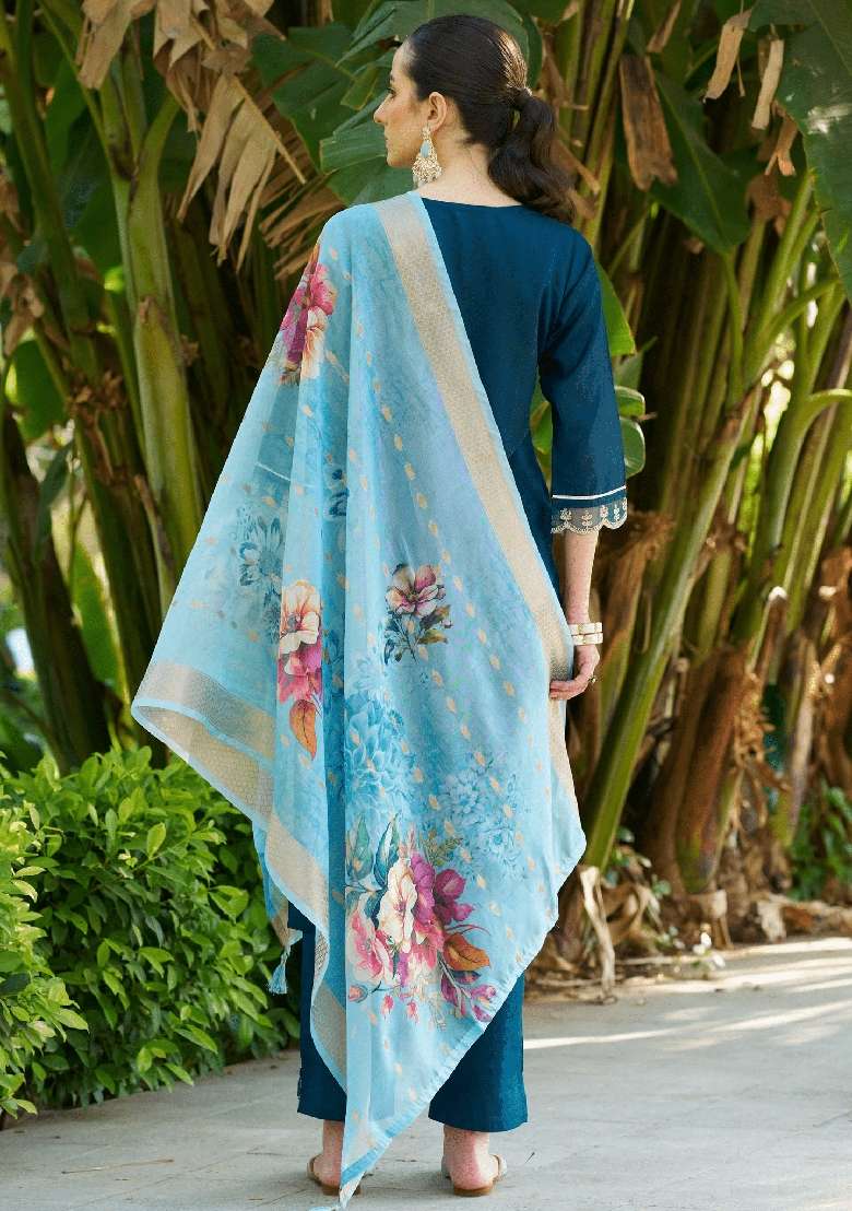 Blue Embroidered Viscose Straight Kurta Set - Indya