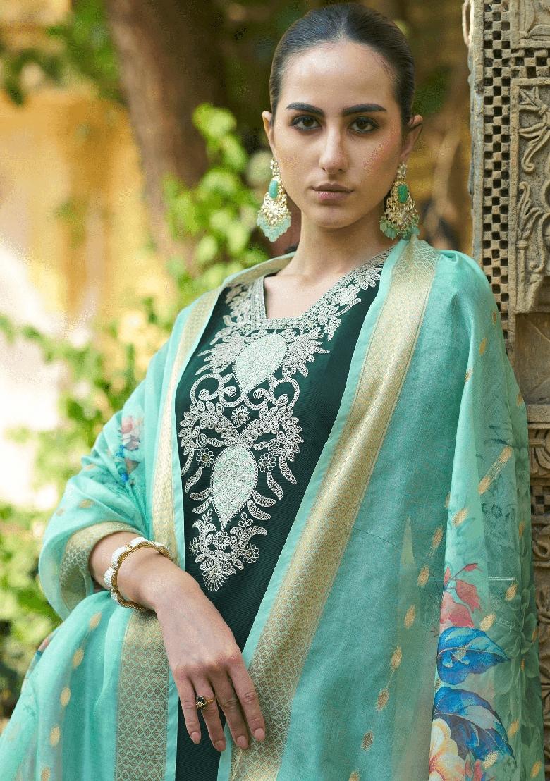 Green Embroidered Viscose Rayon Salwar Kameez With Dupatta
