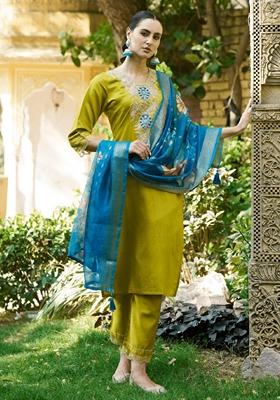 Lemon Yellow Embroidered Viscose Rayon Salwar Kameez With Dupatta