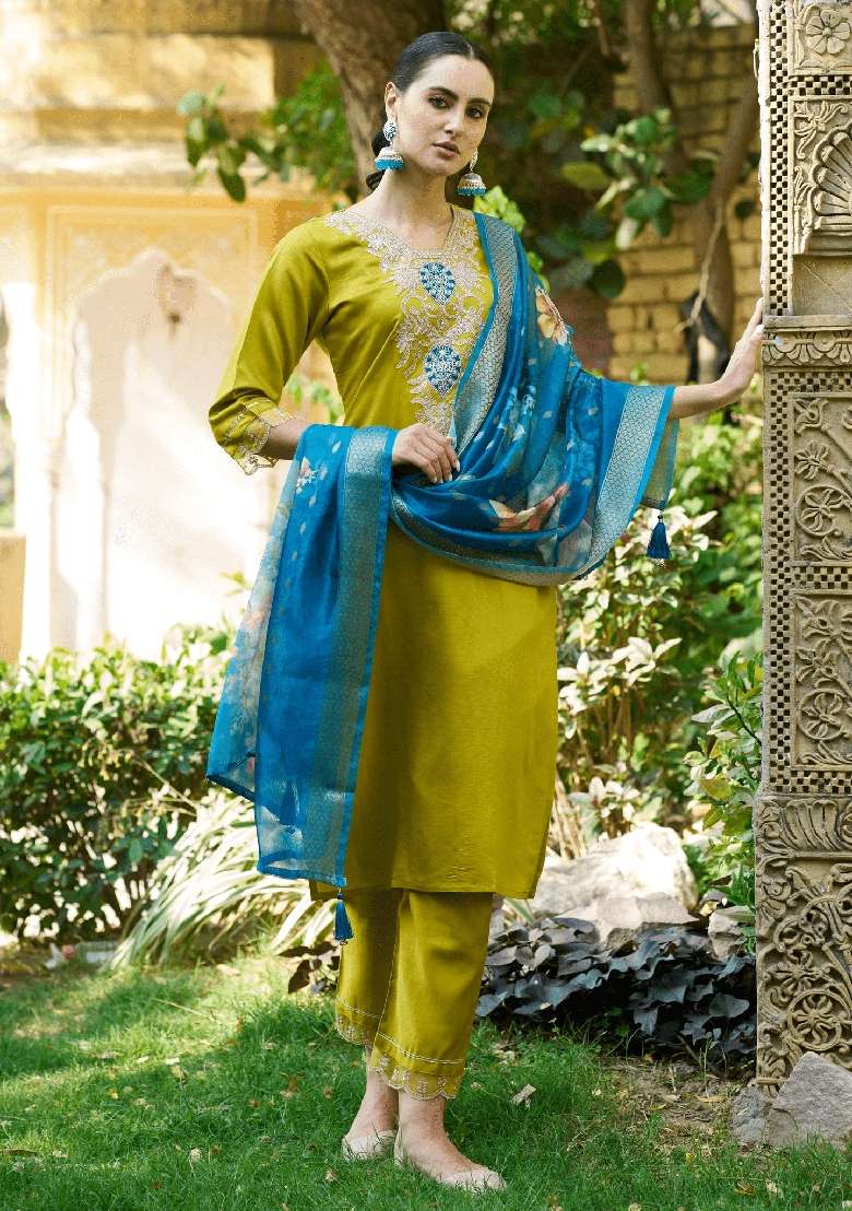 Lemon Yellow Embroidered Viscose Straight Kurta Set - Indya