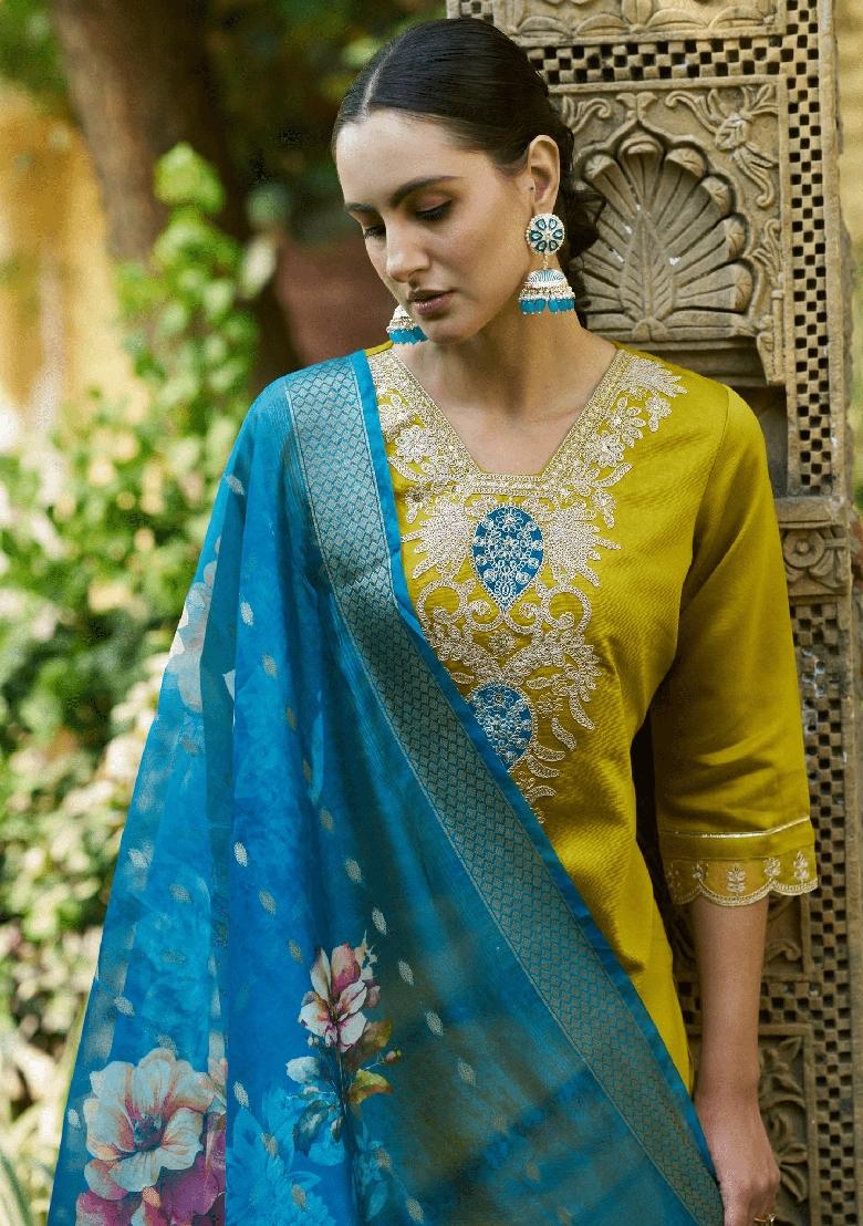 Lemon Yellow Embroidered Viscose Rayon Salwar Kameez With Dupatta