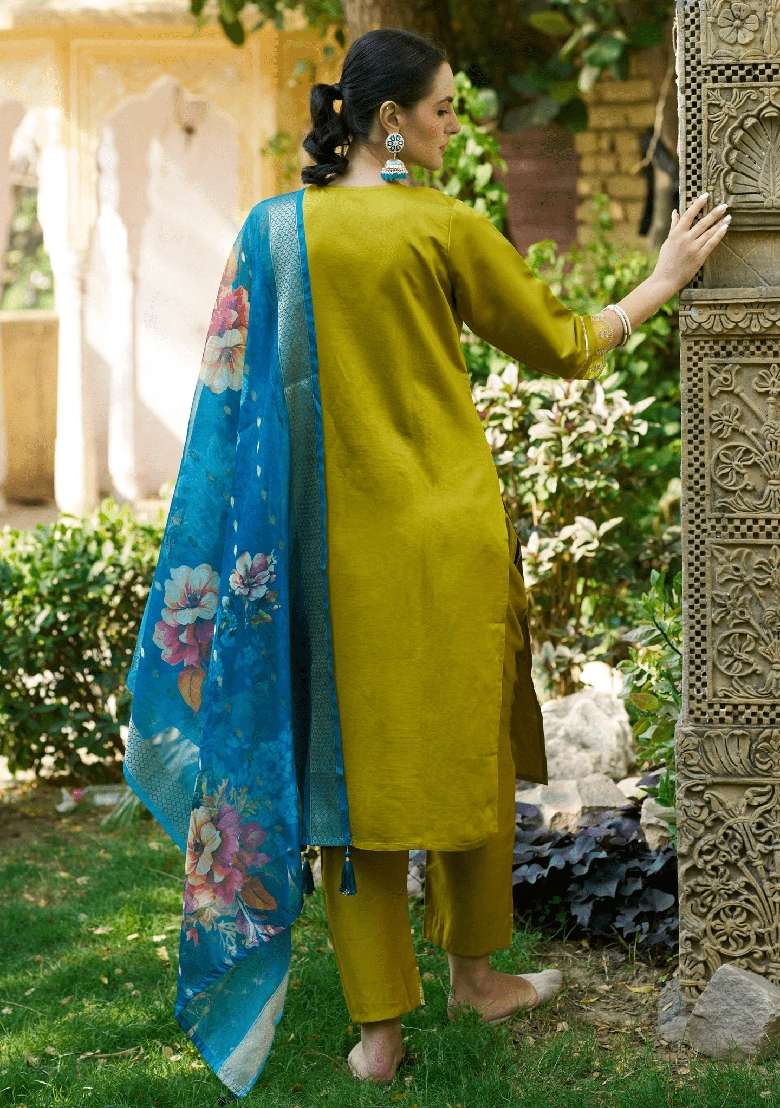 Lemon Yellow Embroidered Viscose Straight Kurta Set - Indya