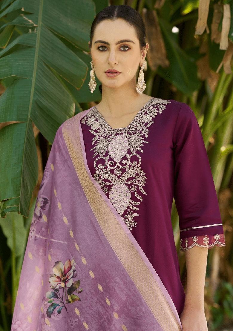 Purple Embroidered Viscose Rayon Salwar Kameez With Dupatta