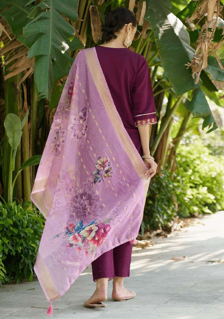 Purple Embroidered Viscose Straight Kurta Set - Indya