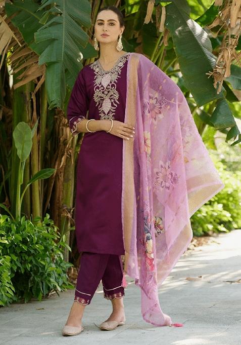 Purple Embroidered Viscose Straight Kurta Set