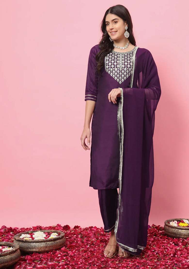 Purple Embroidered Silk Blend Salwar Kameez With Dupatta - Indya