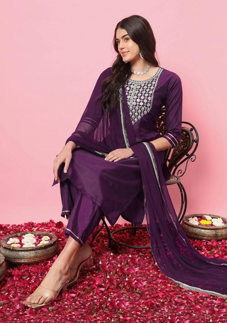 Purple Embroidered Silk Blend Salwar Kameez With Dupatta