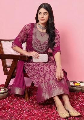Purple Embroidered Pure Cotton Salwar Kameez With Dupatta
